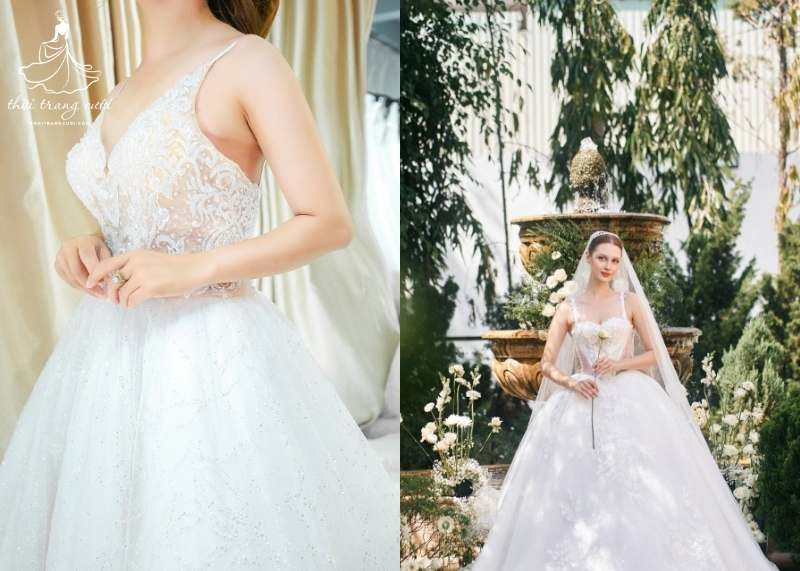 Thiết kế váy 2 dây tiệc cưới xòe công chúa
