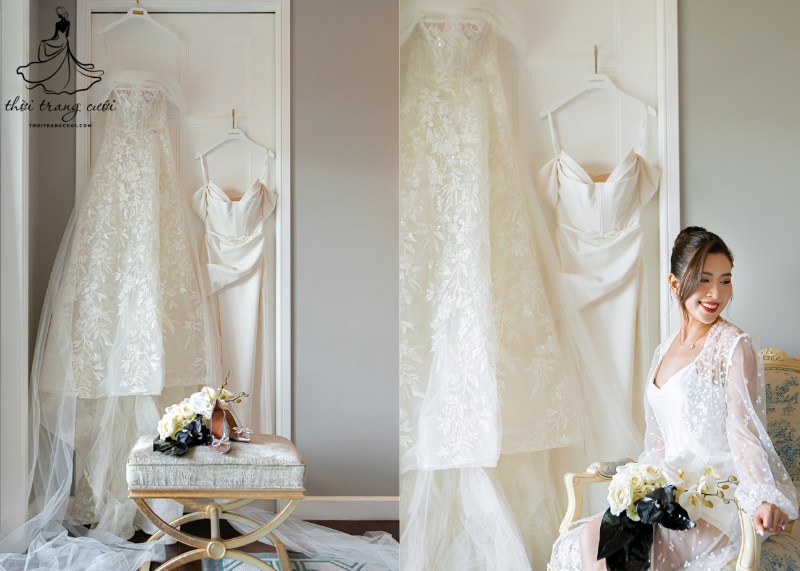 Váy cưới trễ vai cũng là một lựa chọn nên cân nhắc khi chọn váy cưới cho cô dâu có vòng 1 nhỏ