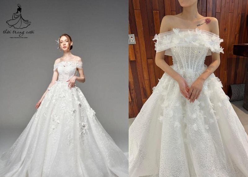 Váy cưới họa tiết nổi – Tạo chiều sâu và cảm giác đầy đặn cho vóc dáng