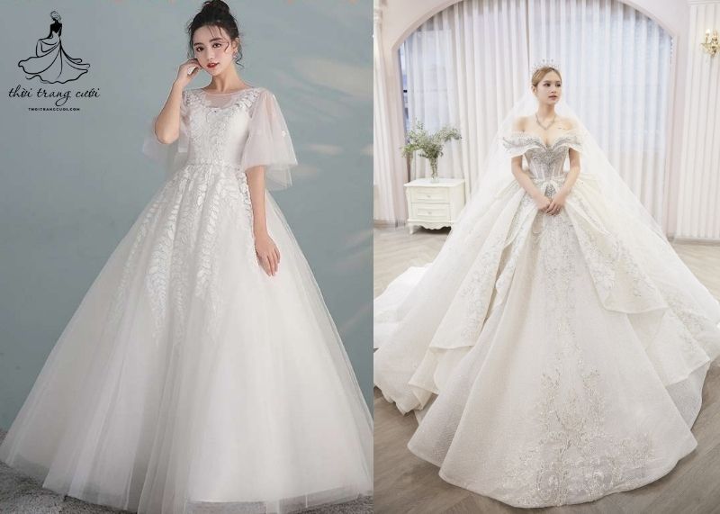 Váy cưới cho người gầy thấp - Váy cưới dáng xòe tay cách điệu