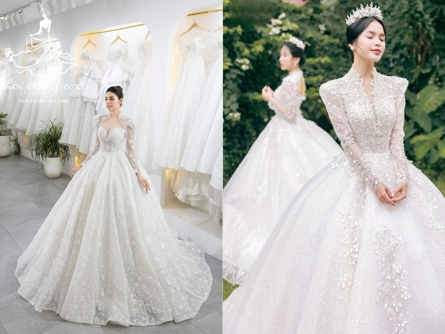 Váy cưới công chúa tay dài ren cổ điển