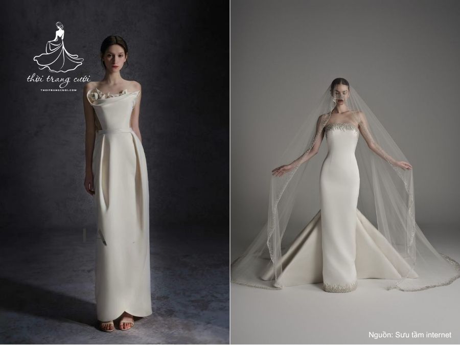 Cô dâu hiện váy cúp ngực dáng cột chất liệu crepe mềm mại
