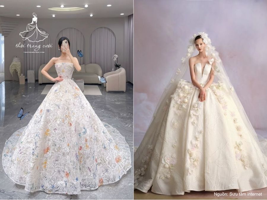 Chi tiết hoa 3D tinh xảo được đính trên thân váy cúp ngực cô dâu
