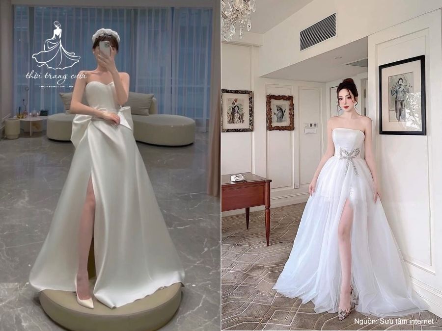 Chi tiết đường xẻ tà cao táo bạo trên váy cúp ngực 
