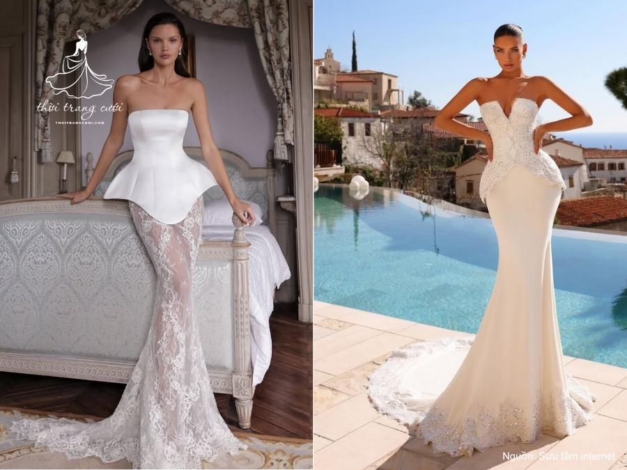  Váy cưới cúp ngực đuôi cá với thân áo corset siết chặt vòng eo
