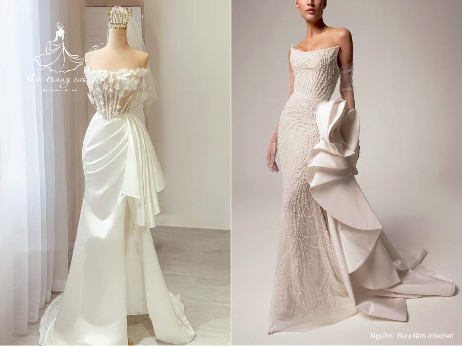 Đường cắt bất đối xứng độc đáo trên thân váy cưới cúp ngực hiện đại

