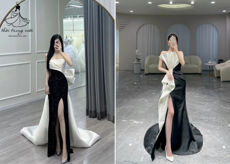 Váy cưới màu đen đuôi dài cổ điển