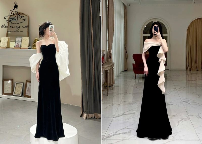 Váy cưới màu đen dáng suông tối giản