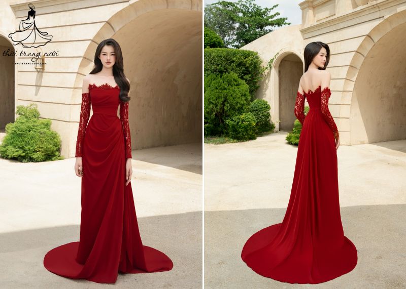 Váy cưới đỏ phối ren