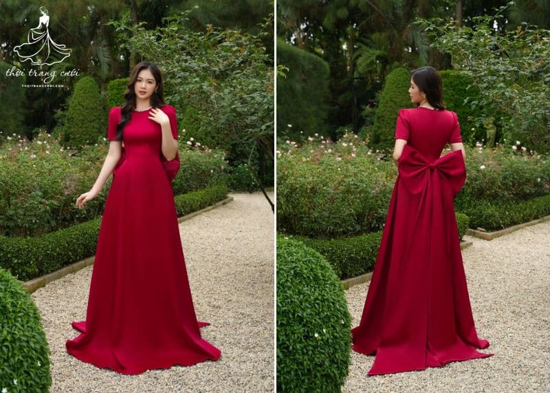Hình ảnh váy cưới màu đỏ dáng suông