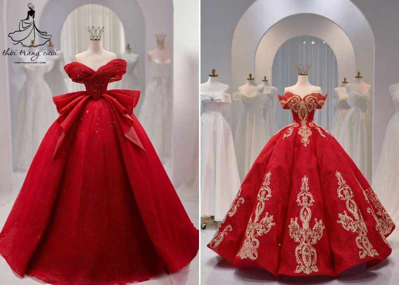 Váy cưới đỏ dáng xòe bồng