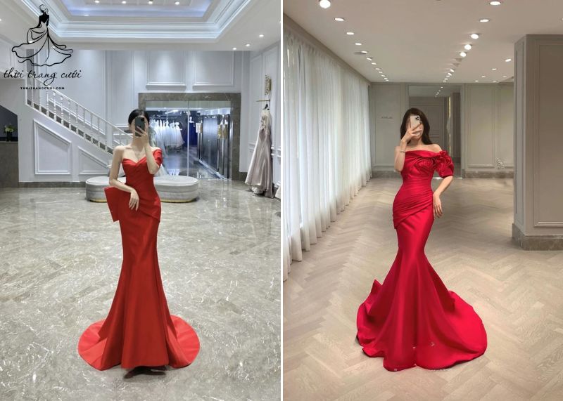 Váy cưới đuôi cá màu đỏ