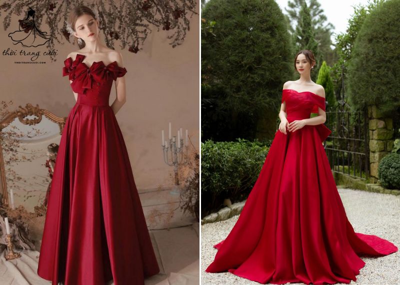 Váy cưới màu đỏ trễ vai