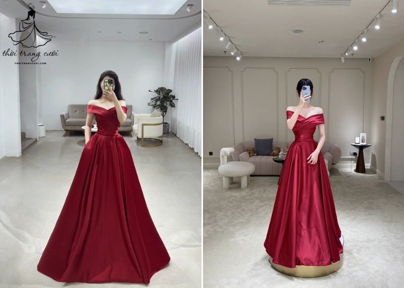 Váy cưới màu đỏ cổ thuyền