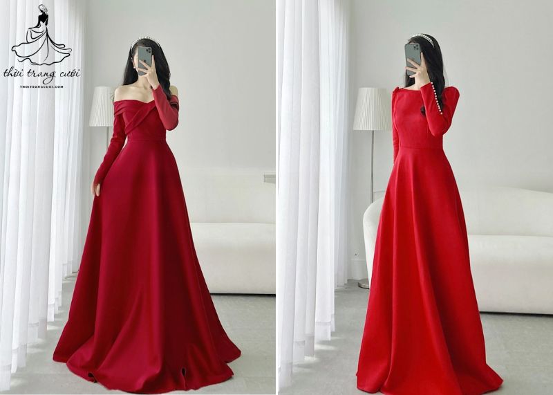  Váy cưới màu đỏ tay dài