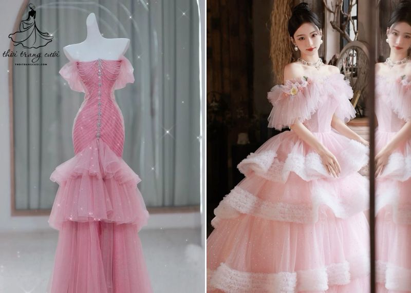 Váy cưới xếp tầng màu hồng