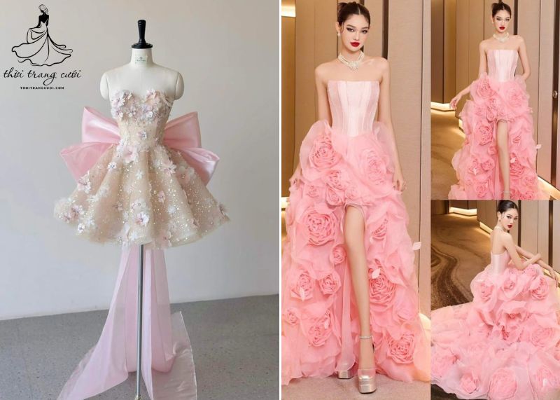 Váy cưới màu hồng high-low
