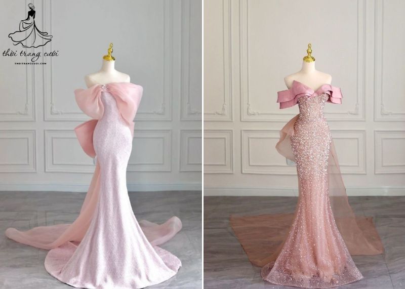 Váy cưới đuôi cá màu hồng