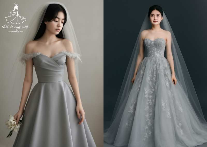 Mẫu váy cưới xám khói dáng công chúa cho cô nàng “nấm lùn”