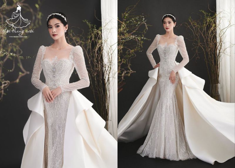 Váy cưới Mullet ren tay dài