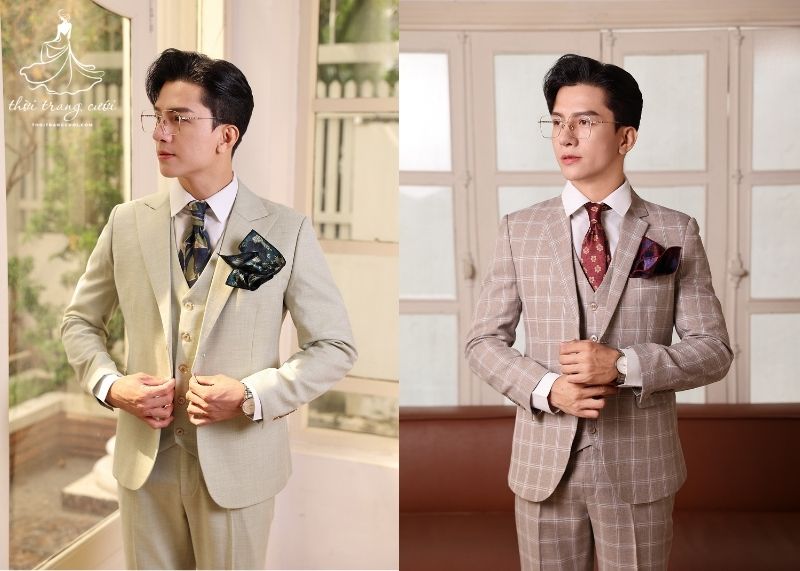 Phối khăn cài túi và giày với vest chú rể