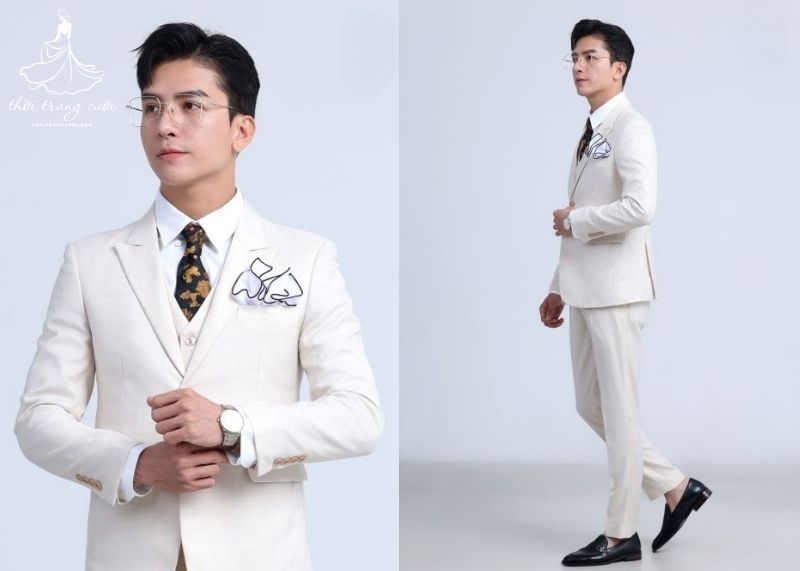 Mẫu vest chú rể màu trắng tinh khôi, thanh lịch