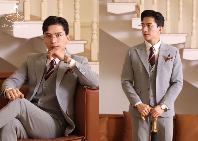 Vest chú rể màu xám trung tính, dễ phối đồ