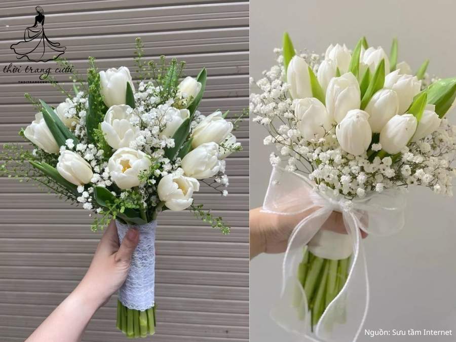 Hoa cưới baby phối tulip trắng thanh lịch
