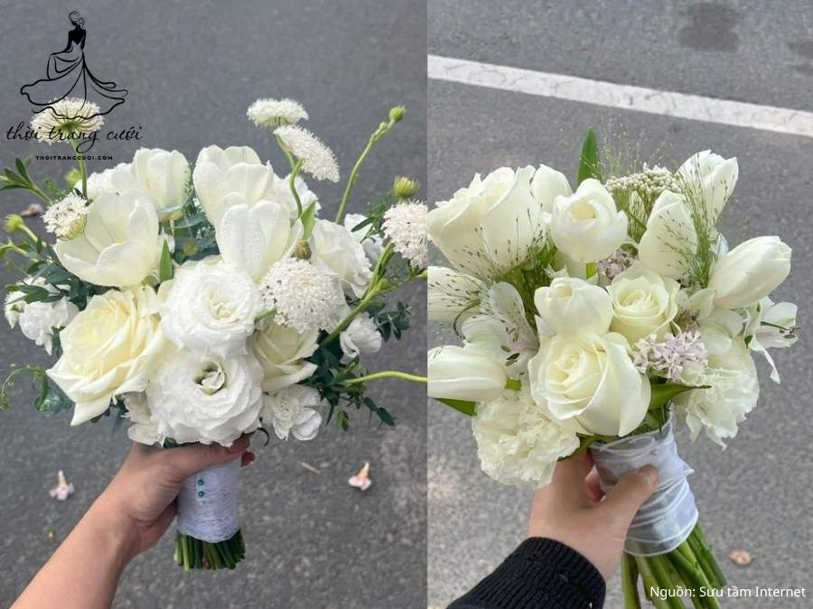 Bó hoa cưới tròn từ hồng trắng