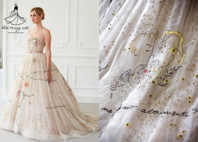 Chiara Ferragni diện váy cưới Dior thêu lời bài hát tình yêu