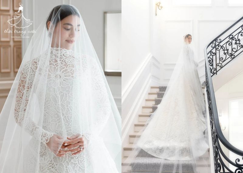 Kimberley diện váy cưới Dior cổ cao, ren thêu thủ công tinh xảo