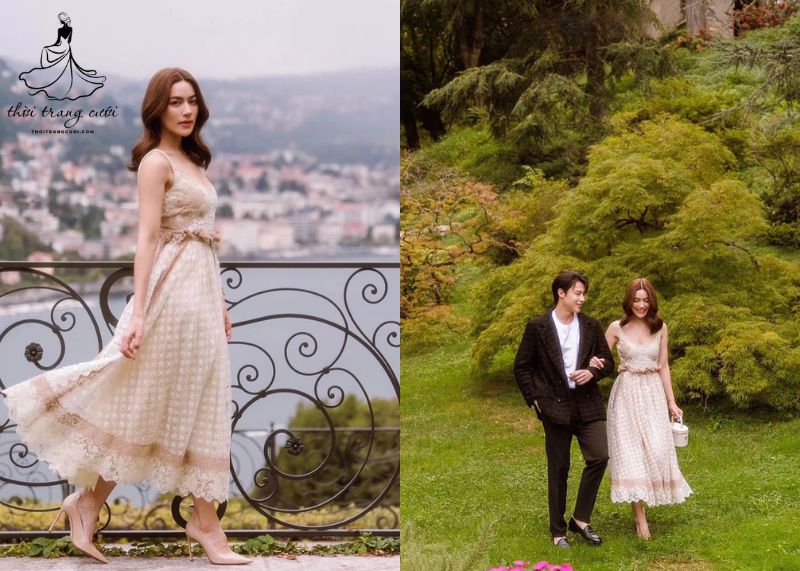Kimberley kết hợp váy Dior cùng hoa linh lan biểu tượng của hãng