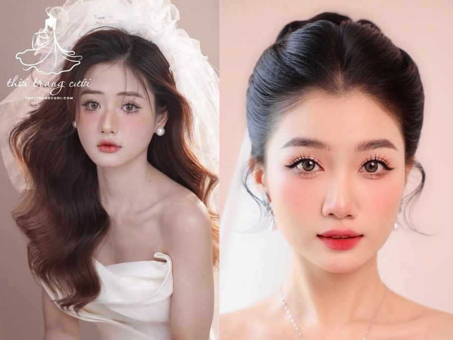 kiểu tóc uốn xoăn bồng bềnh và tạo kiểu phù hợp với cô dâu mặt tròn
