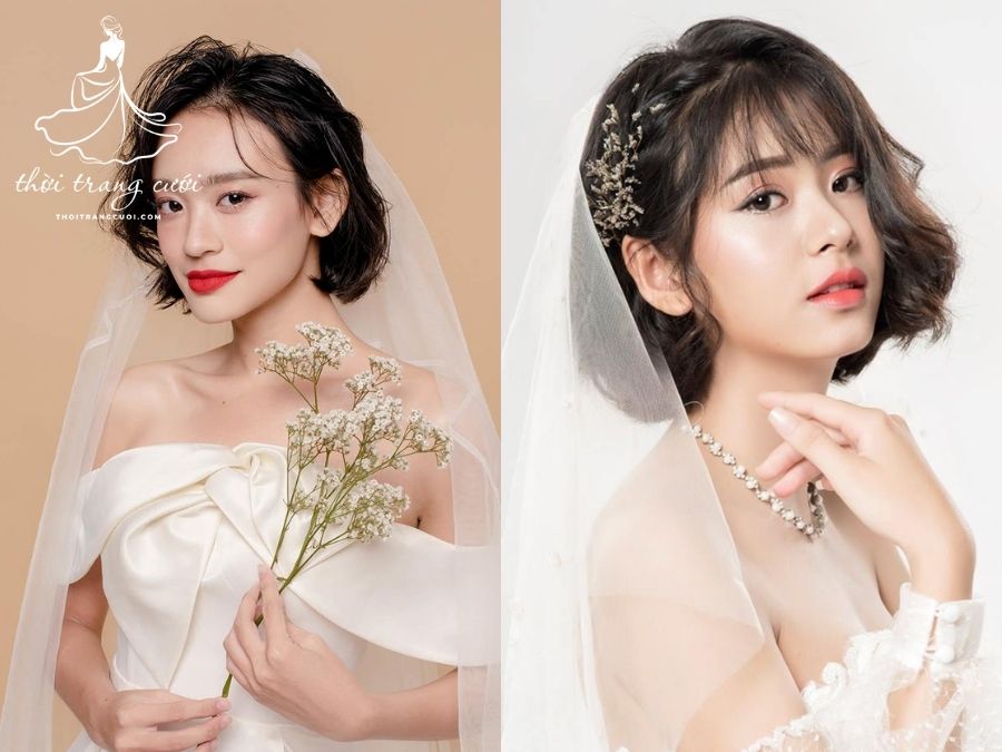 kiểu tóc ngắn uốn lơi cá tính cho cô dâu

