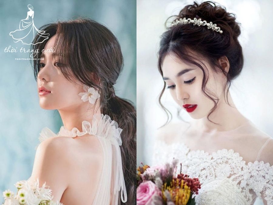 kiểu tóc cô dâu có tóc mái ôm nhẹ gò má cho nàng dáng mặt kim cương
