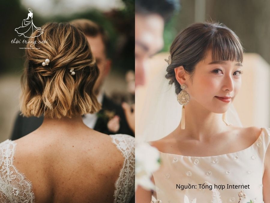 Sự kết hợp hoàn hảo giữa tết và búi, mang lại nét duyên dáng cho cô dâu tóc ngắn
