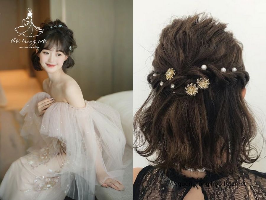 Kiểu tóc buộc nửa đầu giúp gương mặt cô dâu tóc ngắn thêm phần rạng rỡ
