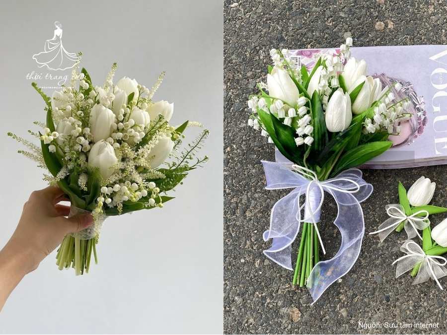 Bó hoa cưới Linh Lan  mix Tulip trắng mang phong cách hiện đại