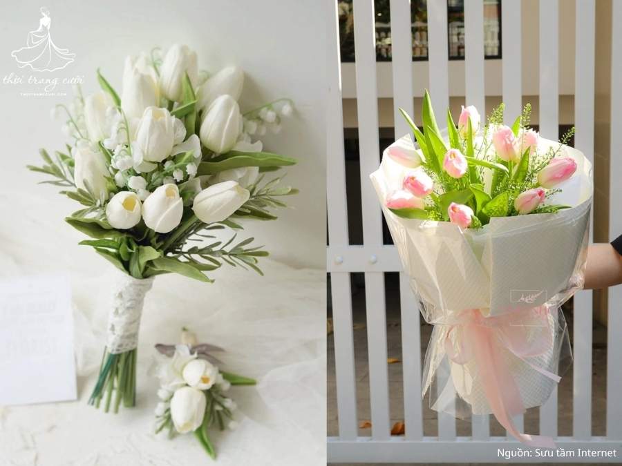 Hoa cưới tulip bó tròn phối baby dịu dàng
