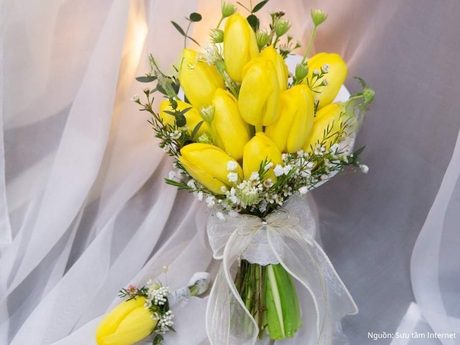 Ý nghĩa của hoa tulip vàng
Hoa cưới tulip màu vàng là hiện thân của niềm vui, sự ấm áp và tinh thần lạc quan. Không quá gắn với ý niệm tình yêu mãnh liệt, nhưng lại là sắc hoa của sự tươi sáng, bắt đầu mới mẻ. Tulip vàng rất hợp với các lễ cưới mùa xuân, mang phong cách trẻ trung, rạng rỡ – như nụ cười của cô dâu trong ngày vui.
