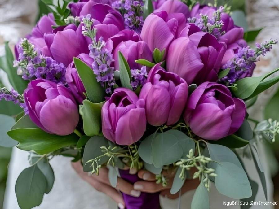 Mẫu hoa cưới tulip tím dành cho tiệc cưới cổ điển
