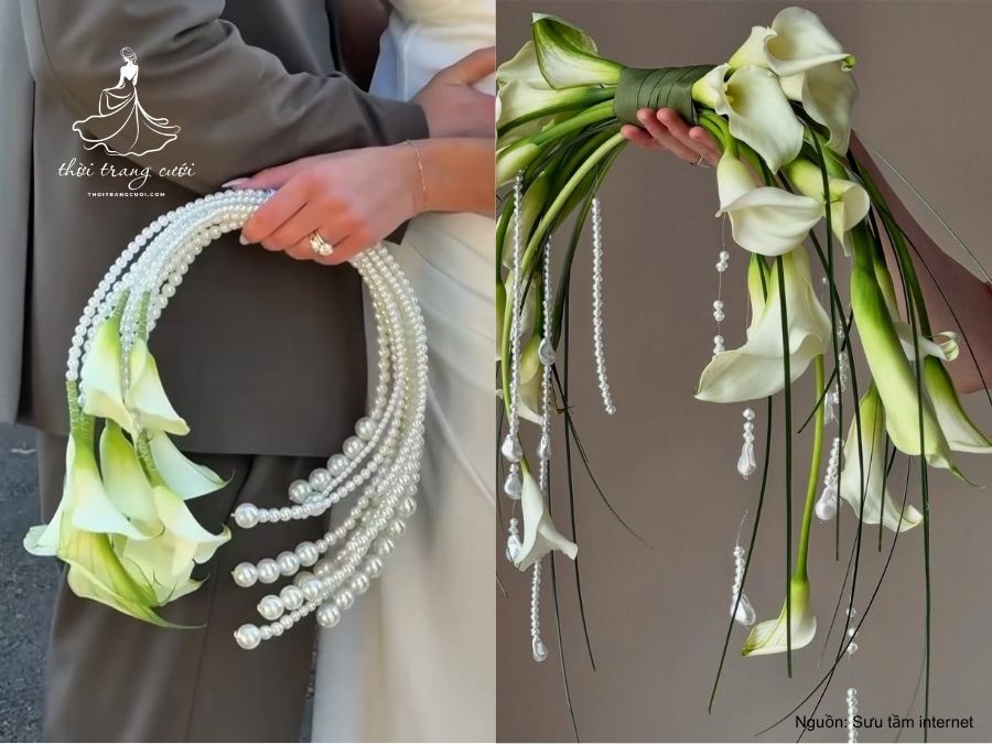 Kiểu hoa cầm tay cô dâu dáng dài từ hoa Calla Lily trắng
