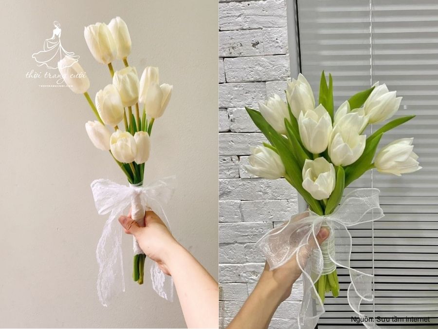 Bó hoa cầm tay cô dâu được kết đơn giản từ Tulip trắng