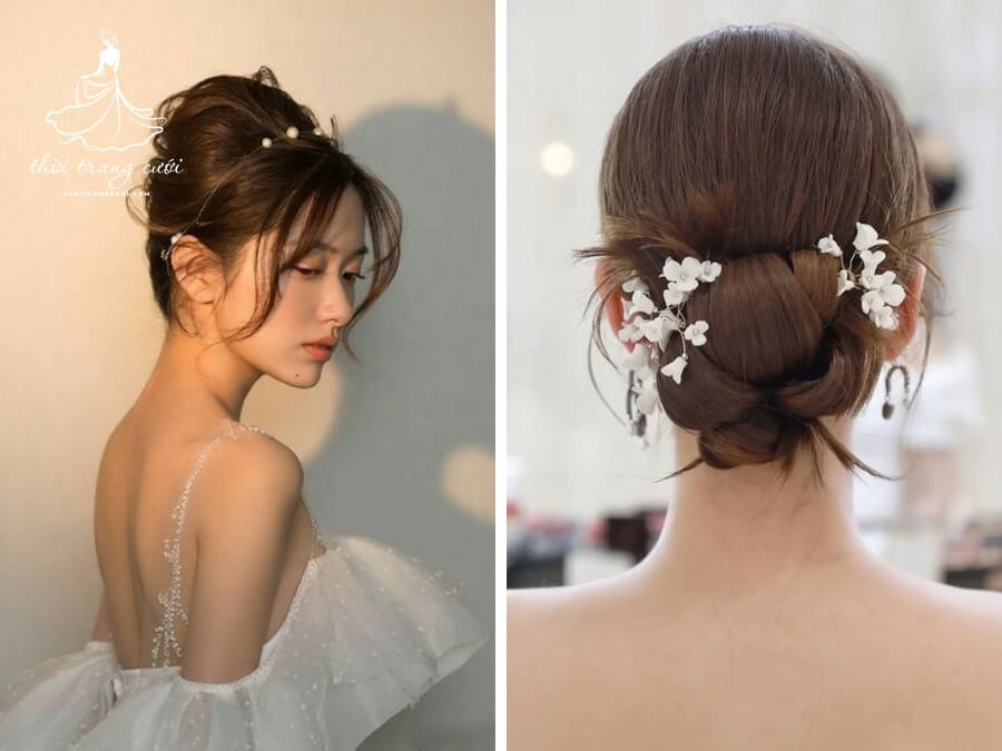 Kiểu tóc cô dâu Hàn Quốc búi kết hợp phụ kiện
