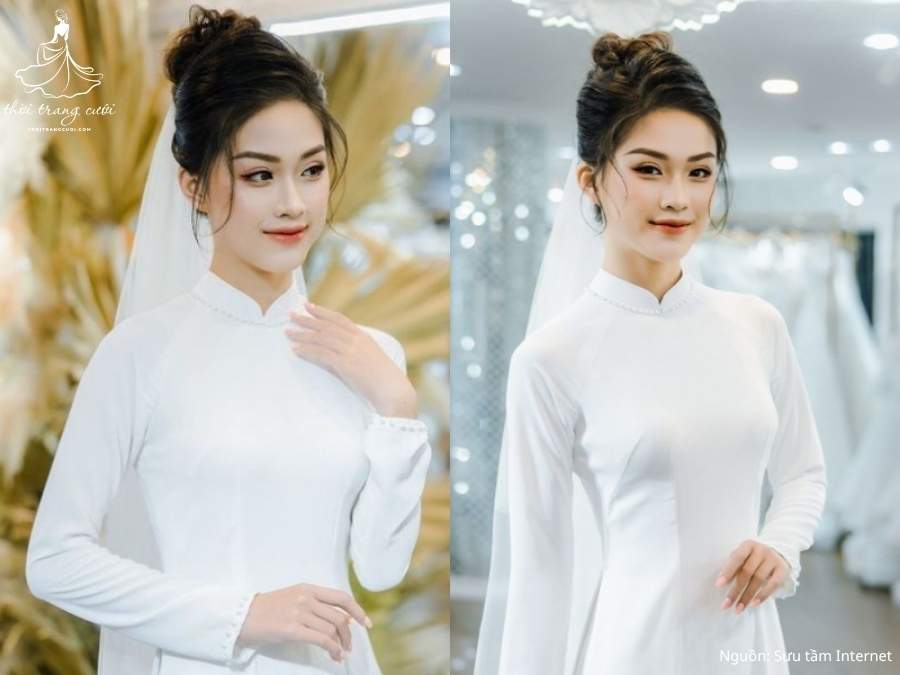 Tóc búi gọn gàng giúp cô dâu nổi bật trong tà áo dài
