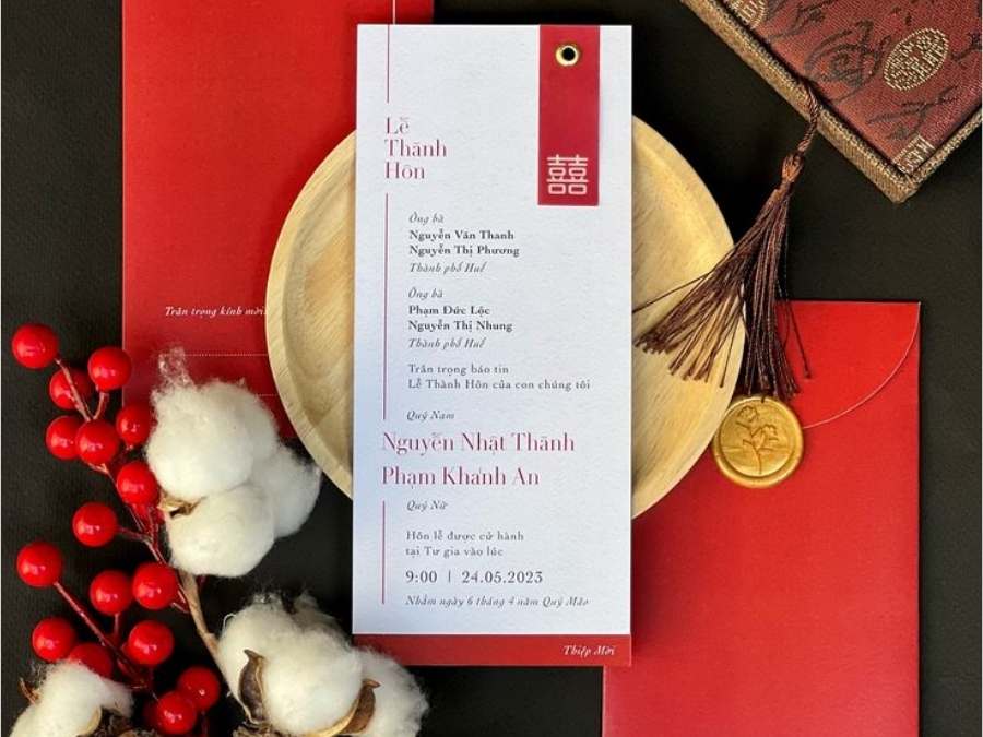 Thiệp cưới màu đỏ trắng thiết kế tối giản, điểm nhấn song hỷ sang trọng
