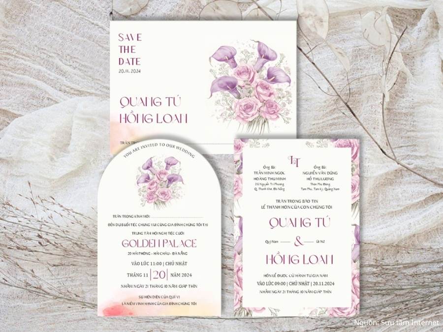 Thiệp cưới lãng mạn với sắc tím trắng  
