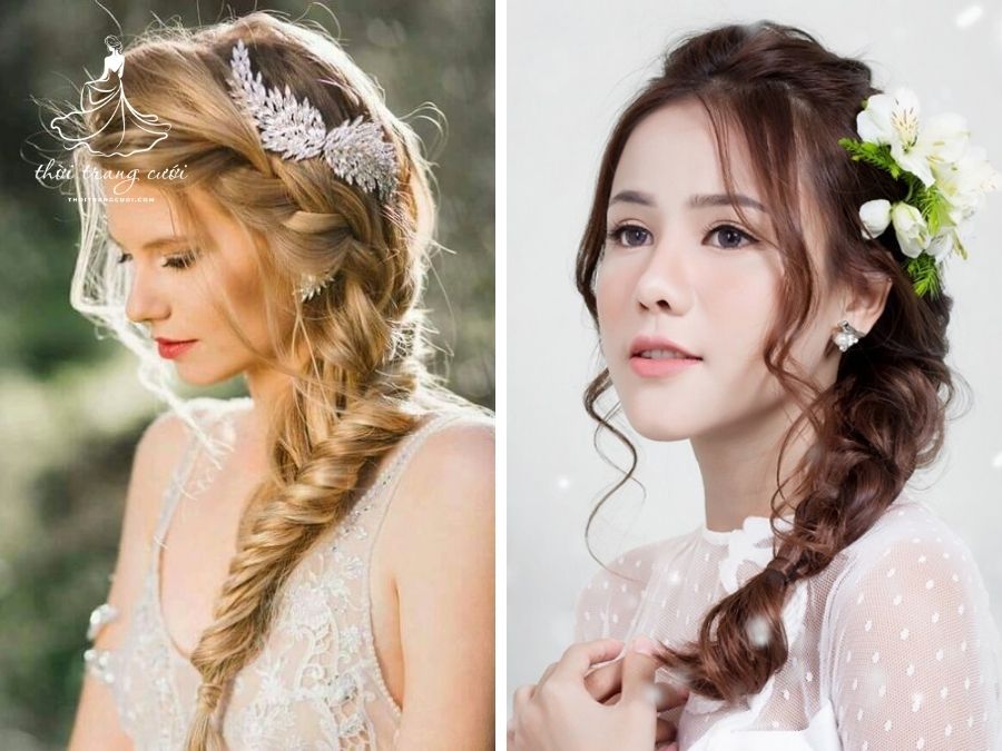 Kiểu tóc cô dâu tết lệch vai dịu dàng, phù hợp với áo dài cưới
