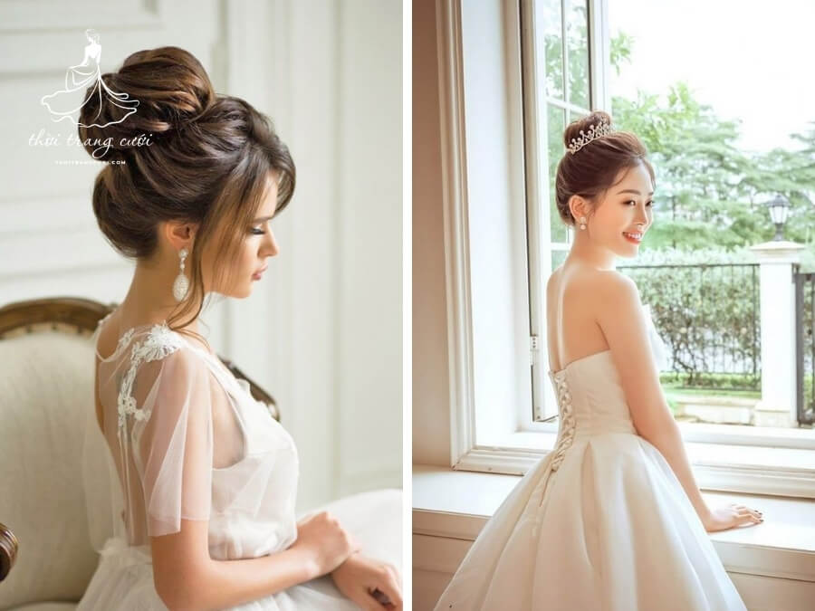 Kiểu tóc cô dâu búi cao sang trọng phù hợp với váy cưới trễ vai