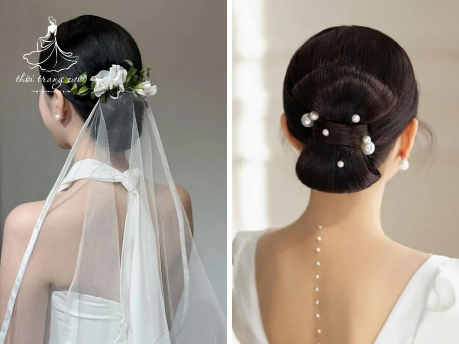 Kiểu tóc cô dâu búi thấp thanh lịch
